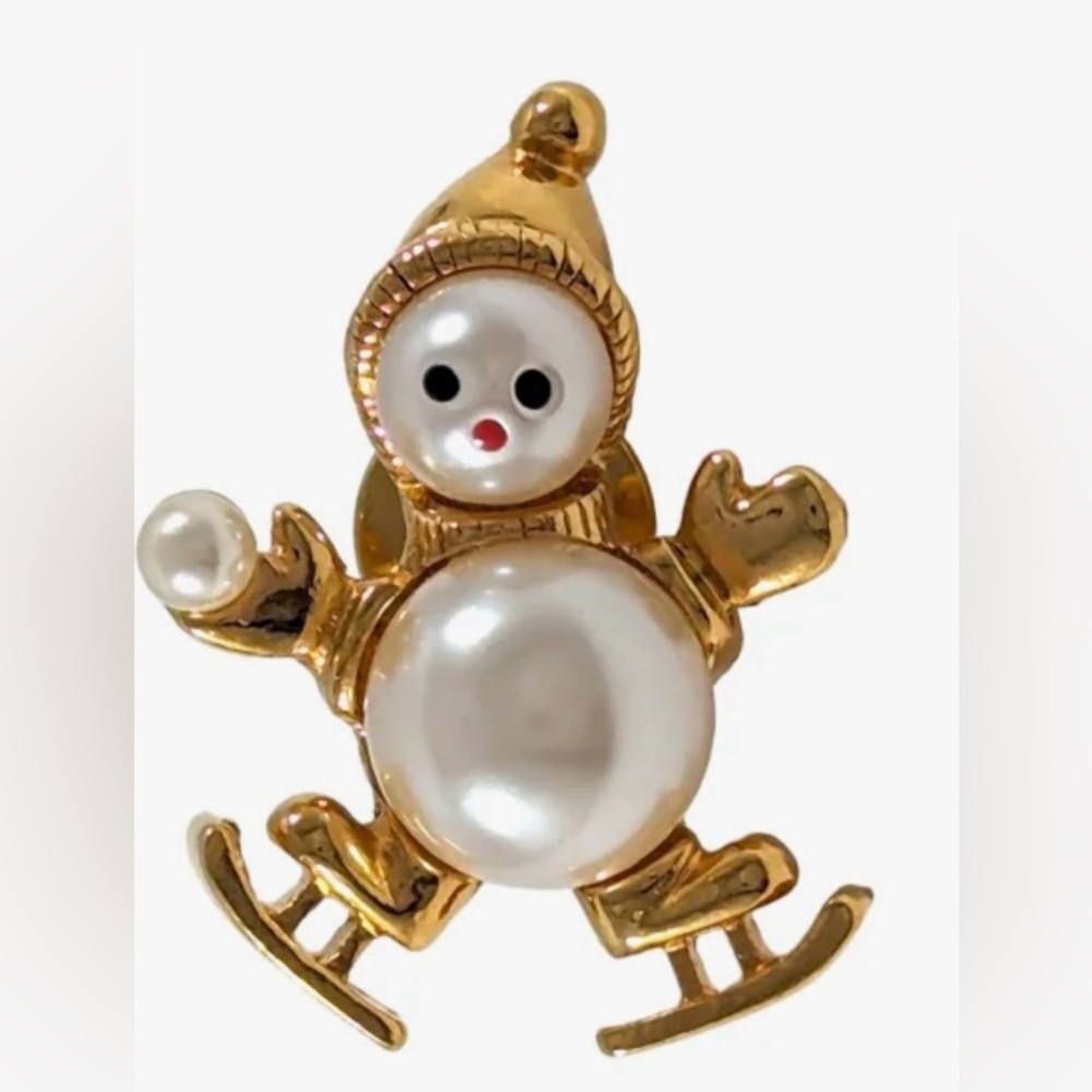Vintage 1998 Avon Pearlesque Snowman Pearl Gold Tone Pin